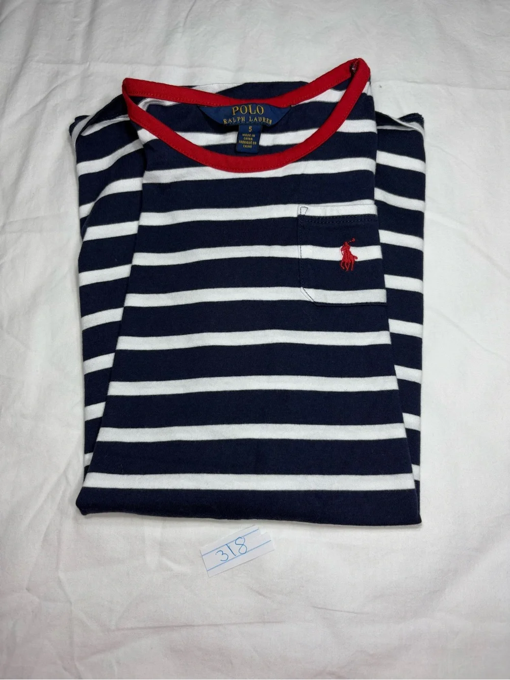 Ralph Lauren Navy and White Striped Knit Tee Dress with Red Trim